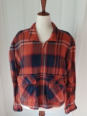 beachlunchlounge Orange and Navy Plaid Jacket XL